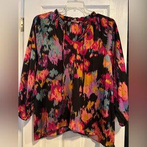 Eesome black multicolor abstract boho casual balloon sleeve colorful top